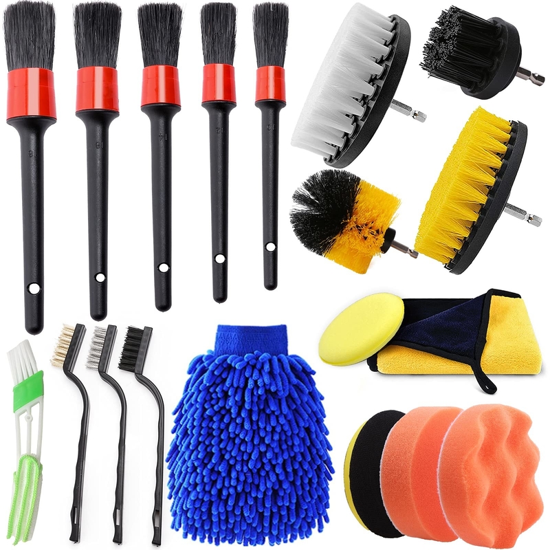 20 Pcs Car Detailing Brushes Kit With Boar 1/4'' Drill Brushes Sponge Pad Wash